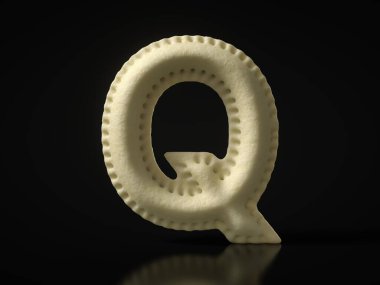 Q harfi siyah arka planda hamur köftesi pişirdi. Türkçe, Rusça, İtalyanca, Asyaca ya da diğer ulusal hamur yemeği temaları için uygun. 3B illüstrasyon