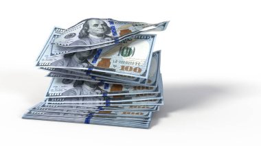 Bir deste banknot kağıdı uçup gidiyor. Para, ekonomi, finans ve banka temaları için uygun. 3B illüstrasyon