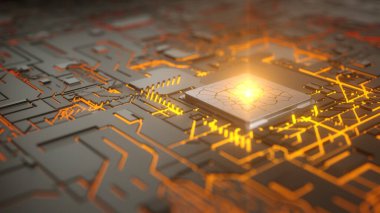 Parlak soyut çizgiler ve işlemci üzerinde ışık demeti olan Cpu kavramı. Bilgisayar, teknoloji ve gelecek temalar için uygun. 3B illüstrasyon