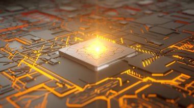 Parlak soyut çizgiler ve işlemci üzerinde ışık demeti olan Cpu kavramı. Bilgisayar, teknoloji ve gelecek temalar için uygun. 3B illüstrasyon