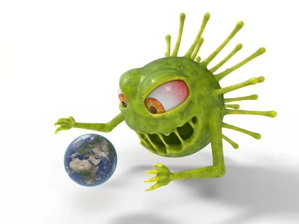攻撃地球を持つコロナウイルスモンスター Covid 19やコロナなどのウイルスのテーマに適しています 3Dイラスト 漫画ウイルスキャラクター — ストック写真