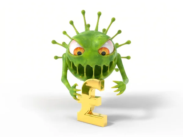 コロナ ウイルスのモンスターがポンド記号に攻撃 Covid 19やコロナなどのウイルスのテーマに適しています 3Dイラスト 漫画ウイルスキャラクター — ストック写真