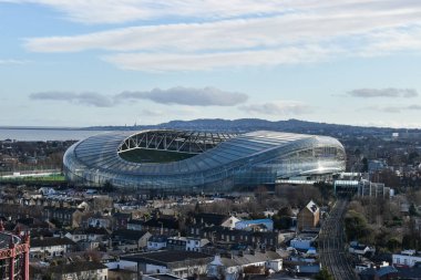Dublin, Ireland - January 13, 2020: HIgh view of South Dublin and Aviva stadium with Lansdowne road dart station in dublin, ireland.