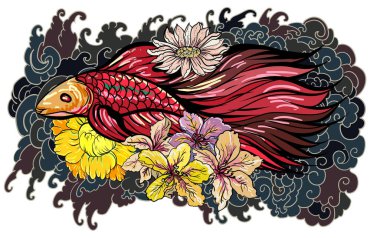 Japon dalgalarında şakayık ve papatya çiçekleri ile yüzen renkli Siyam balığı veya betta balığı el çizimi dövme sanat tasarımı geometrik ve dairesel çerçeve