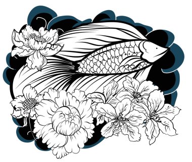 Japon dalgalarında şakayık ve papatya çiçekleri ile yüzen renkli Siyam balığı veya betta balığı el çizimi dövme sanat tasarımı geometrik ve dairesel çerçeve