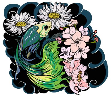 Japon dalgalarında şakayık ve papatya çiçekleri ile yüzen renkli Siyam balığı veya betta balığı el çizimi dövme sanat tasarımı geometrik ve dairesel çerçeve