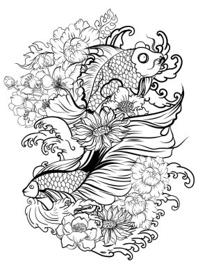 Japon dalgalarında şakayık ve papatya çiçekleri ile yüzen renkli Siyam balığı veya betta balığı el çizimi dövme sanat tasarımı geometrik ve dairesel çerçeve