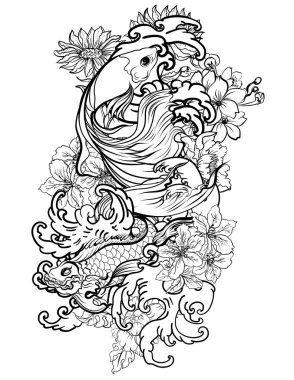 Japon dalgalarında şakayık ve papatya çiçekleri ile yüzen renkli Siyam balığı veya betta balığı el çizimi dövme sanat tasarımı geometrik ve dairesel çerçeve