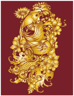 Japon dalgalarında şakayık ve papatya çiçekleri ile yüzen renkli Siyam balığı veya betta balığı el çizimi dövme sanat tasarımı geometrik ve dairesel çerçeve