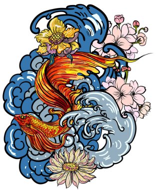 Japon dalgalarında şakayık ve papatya çiçekleri ile yüzen renkli Siyam balığı veya betta balığı el çizimi dövme sanat tasarımı geometrik ve dairesel çerçeve