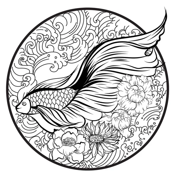 Färgglada Siamesiska Fiskrika Fisk Eller Betta Fisk Simma Japanska Våg — Stock vektor