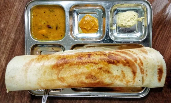 Masala Dosa Chutney Sambar Tányéron Dél Indiai Híres Étel Hagyományos — Stock Fotó