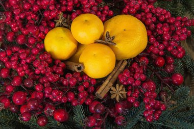 Mandalina, ilex, tarçın çubukları ve yıldız anasonlu Noel dekoru.