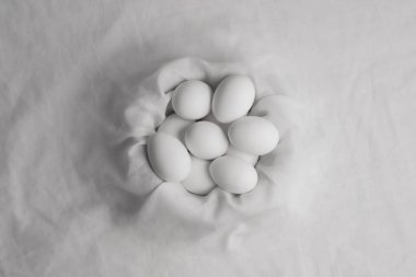 Kumaş yuvasında birkaç beyaz yumurta.