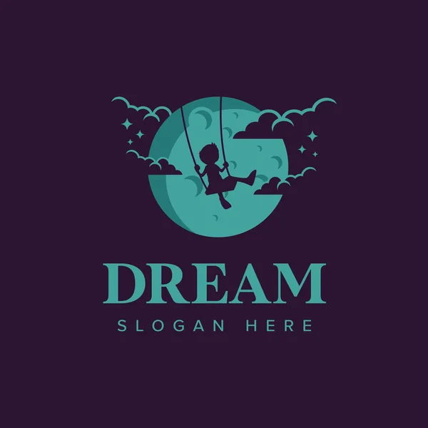Dream logo iconic. Child play swing in the moon. Branding for creative, film, movie maker, child and kids, advertising, social, playground, etc. Isolated logo vector inspiration. Graphic designs