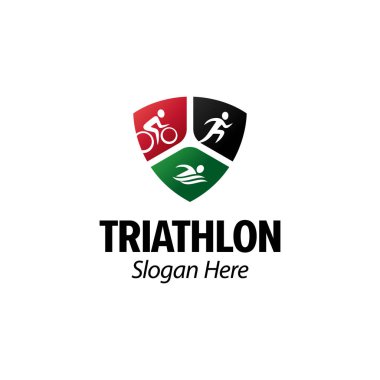 Triatlon logosu simgesi. Koşu bisikleti yüzme. Triatlon sporları, kulüpler, şampiyonluk, yarışma, aksesuarlar, ekipmanlar vesaire için markalaşma. Kalkan amblemi. İzole logo ilhamı. Grafik Tasarımları
