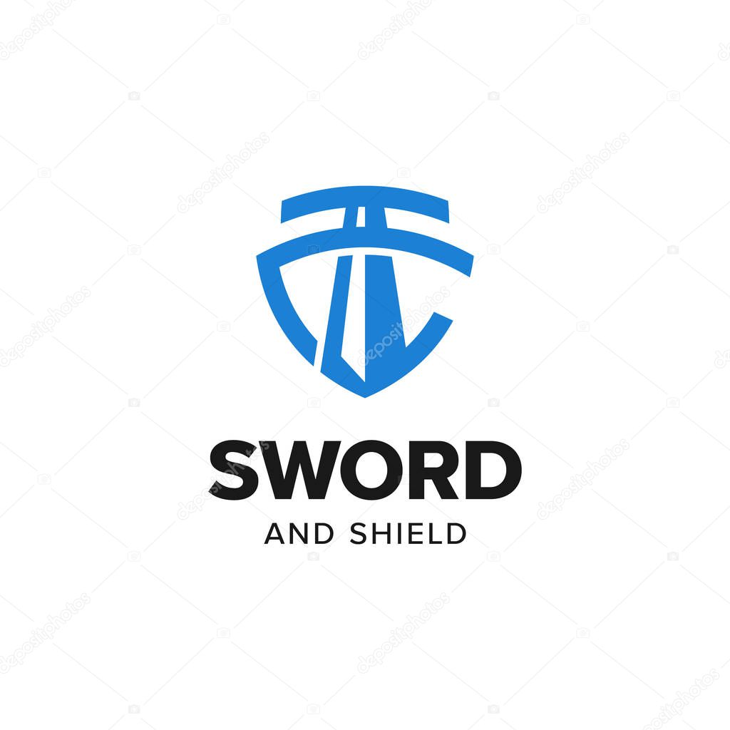 Sword shield justice logo iconic. Branding for universal legal, advocate, lawyer, scales, law firm, attorney, weapon store, security, gym, fitness, etc. Isolated logo inspiration. Graphic designs