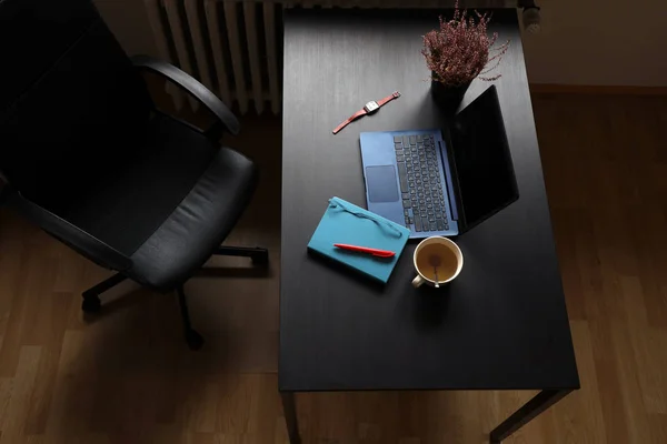 Cozy Workplace Home Table Laptop Chair Top View — Stock Photo, Image