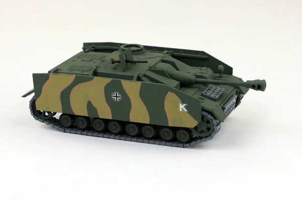 Hobby Modelling Plastic Model Tank Made Hand Assault Gun — Stock Photo, Image