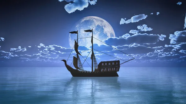 Old Ship Sea Full Moon — Stock Photo, Image