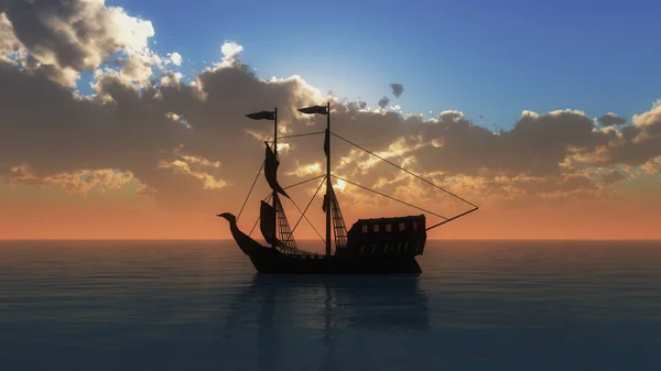 Старый Корабль Закате Моря — стоковое фото
