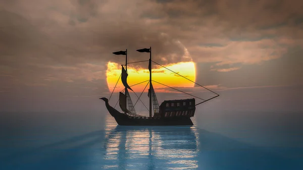 Παλιό Πλοίο Στο Ηλιοβασίλεμα Στη Θάλασσα — Φωτογραφία Αρχείου