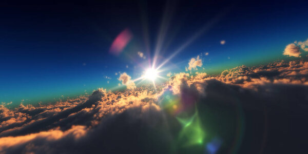 Fly in above clouds sun ray