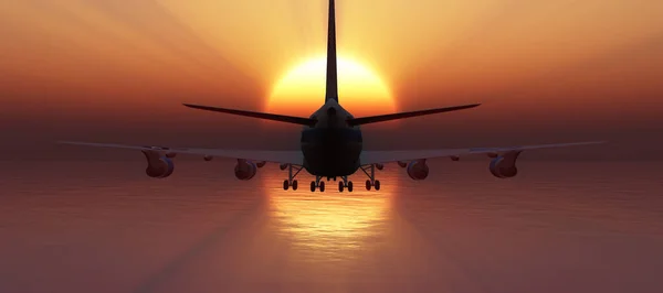 日落天空中的飞机 3D渲染 — 图库照片