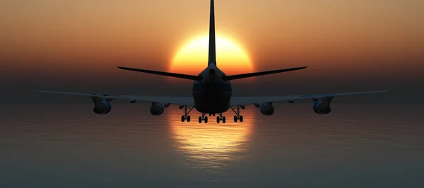 Αεροπλάνο Στο Ηλιοβασίλεμα Ουρανό Απόδοση — Φωτογραφία Αρχείου