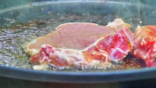 Закрыть Кусок Жареного Мяса — стоковое видео