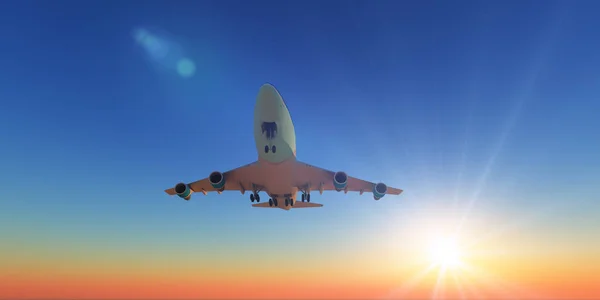 Flygplan i solnedgång himlen — Stockfoto