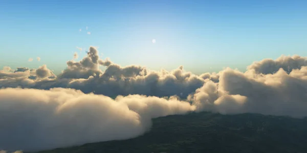 Piękny widok z lotu ptaka nad chmurami z zachodem słońca. Ilustracja 3D — Zdjęcie stockowe