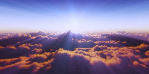 Belle vue aérienne au-dessus des nuages avec coucher de soleil. Illustration 3d — Photo