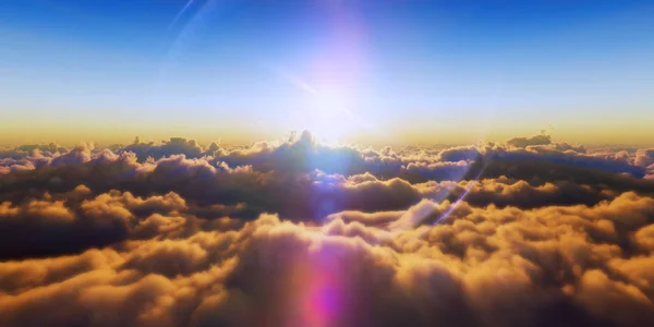 Bella vista aerea sopra le nuvole con tramonto. Illustrazione 3d — Foto Stock