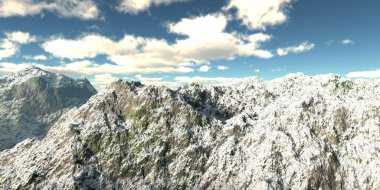 Karlı kış yüksek dağları. 3d illüstrasyon