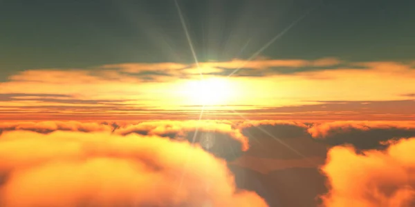 Krásný letecký výhled nad mraky se západem slunce. 3D ilustrace — Stock fotografie