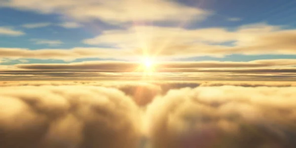 Bela vista aérea acima das nuvens com o pôr do sol. ilustração 3d — Fotografia de Stock