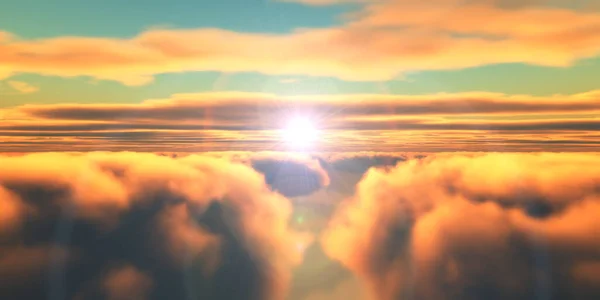 Belle vue aérienne au-dessus des nuages avec coucher de soleil. Illustration 3d — Photo