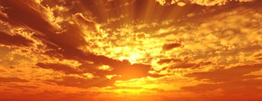 Bulutlar, ışık ışınları ve diğer atmosfer etkileriyle gün batımı / gün doğumu, 3d illüstrasyon