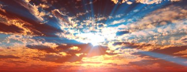 Bulutlar, ışık ışınları ve diğer atmosfer etkileriyle gün batımı / gün doğumu, 3d illüstrasyon