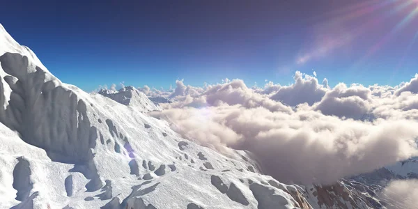 Vuoristopanoraama pilvien yllä. Tietokoneella luotu 3D-kuva — kuvapankkivalokuva