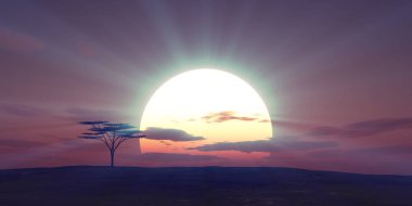 Büyük güneş batımı ağacı manzarası, 3D çizimler.
