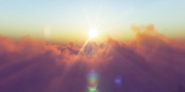 Bulutların üzerinde gün batımlı güzel hava manzarası. 3d illüstrasyon