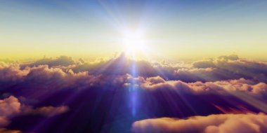 Bulutların üzerinde gün batımlı güzel hava manzarası. 3d illüstrasyon