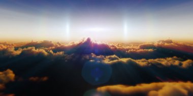 Bulutların üzerinde gün batımlı güzel hava manzarası. 3d illüstrasyon