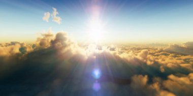 Bulutların üzerinde gün batımlı güzel hava manzarası. 3d illüstrasyon