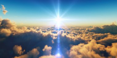 Bulutların üzerinde gün batımlı güzel hava manzarası. 3d illüstrasyon