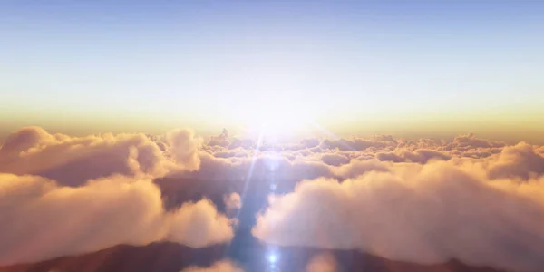 Hermosa vista aérea por encima de las nubes con puesta de sol. ilustración 3d — Foto de Stock