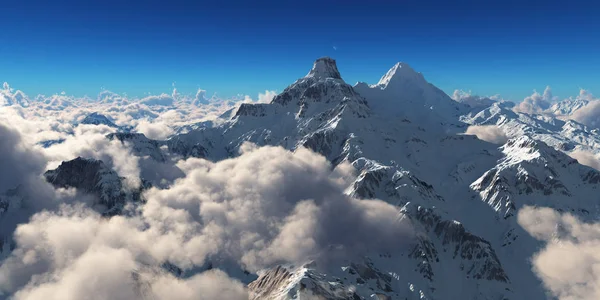 云彩上的山全景。 计算机生成3D说明 — 图库照片