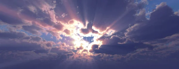 Coucher / lever du soleil avec nuages, rayons de lumière et autres effets atmosphériques, illustration 3D — Photo